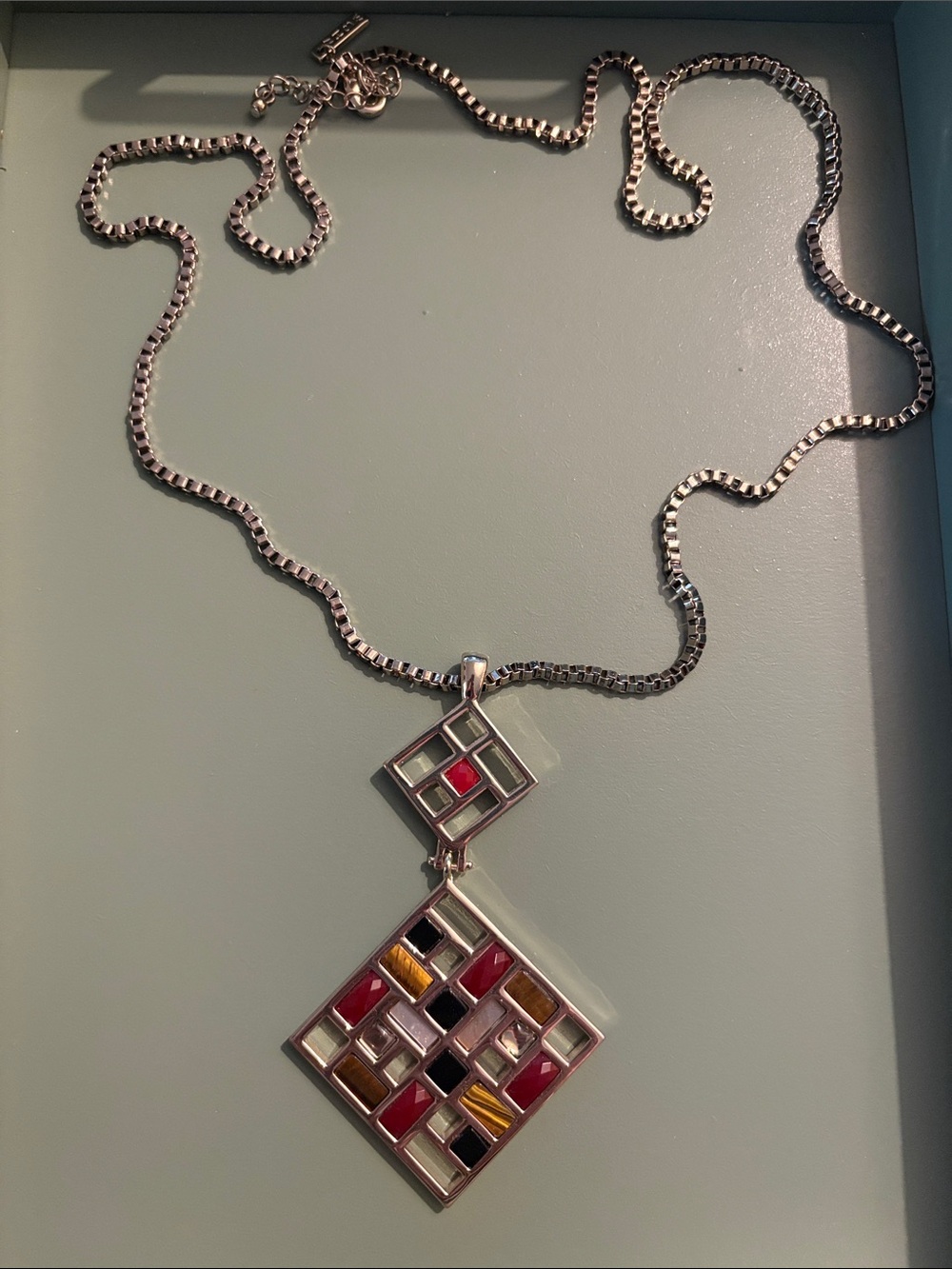 WHBM Silver-tone Geometric Pendant Necklace with Red Black and Gold Inlay